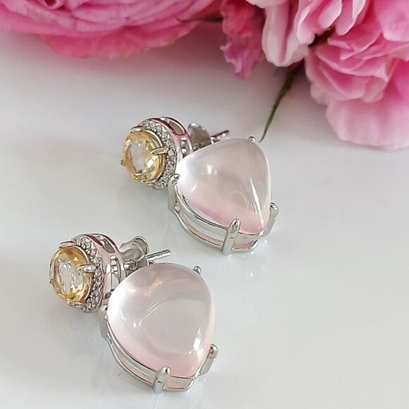 Natural Rose Quartz, Citrine & CZ‎ 925 Sterling Silver Earrings - Picture 2 of 12